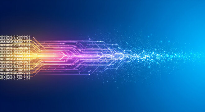 Digital circuit board with binary code flowing into futuristic neon light trail on blue background