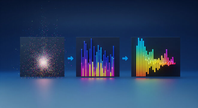 Data visualization transformation process with colorful graphs and charts on black background