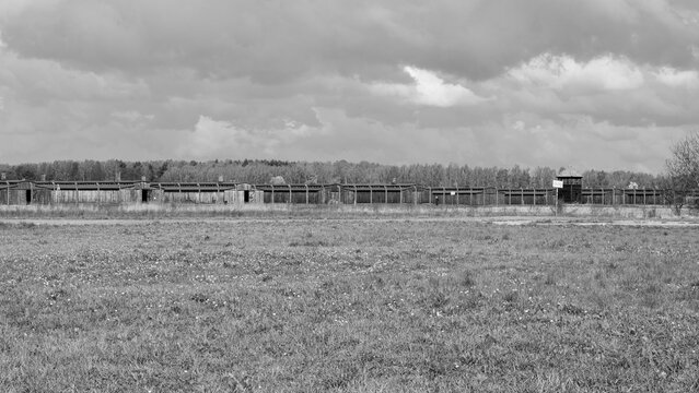 Panoramic black and white view of wooden barracks at Auschwitz II-Birkenau. Wide landscape of the former extermination camp with watchtowers and horizon at the Holocaust memorial in Oswiecim, Poland.