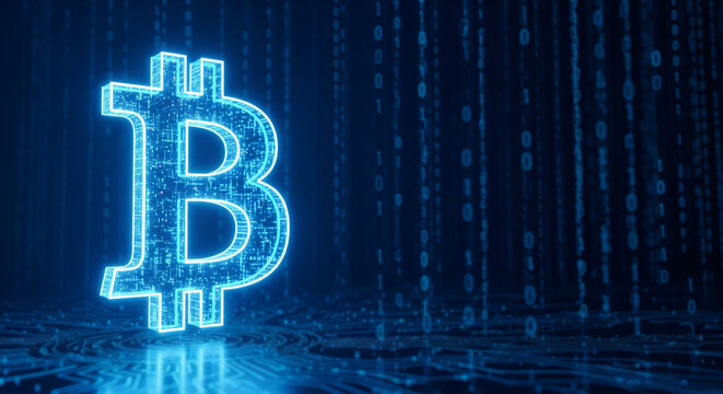 Glowing blue bitcoin logo made of tiny pixels on dark background with falling binary code