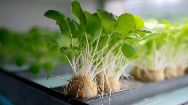 Healthy green leafy plants grow with visible roots on a hydroponic system tray, showcasing modern agriculture and sustainable food production solutions