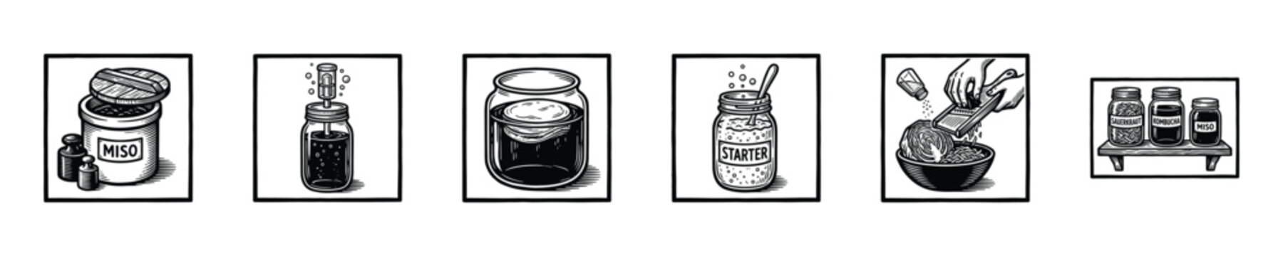 Fermentation process icons showing ingredients and stages of food preservation