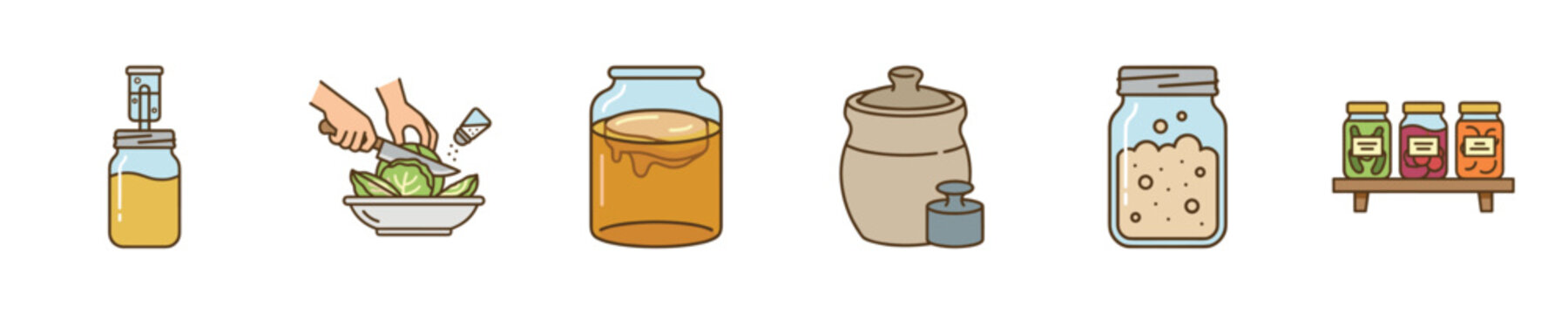 Fermentation process icons showing preparation and storage of preserved foods