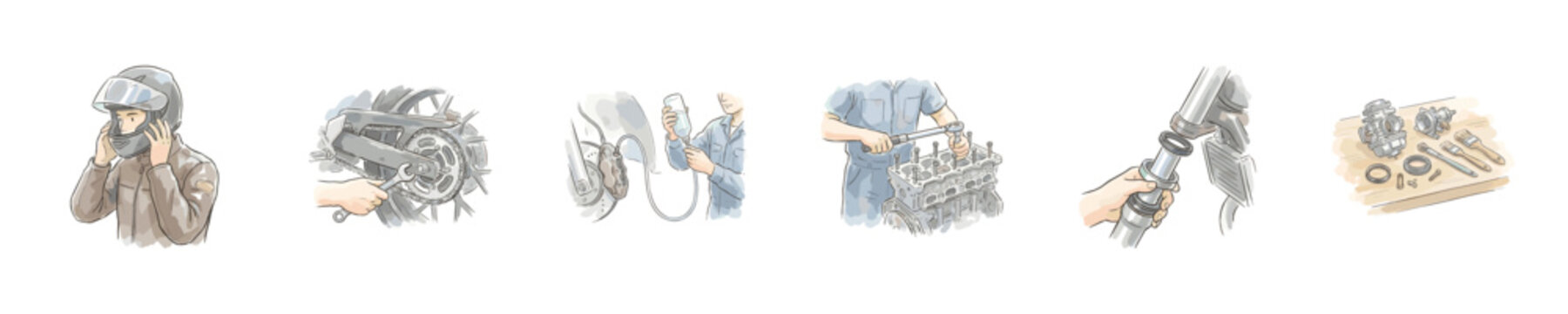 Motorcycle repair and maintenance illustrations showing various mechanical tasks
