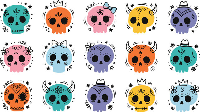 A collection of colorful hand drawn skull icons featuring various festive accessories like crowns flowers hats and horns arranged in a grid on transparent background