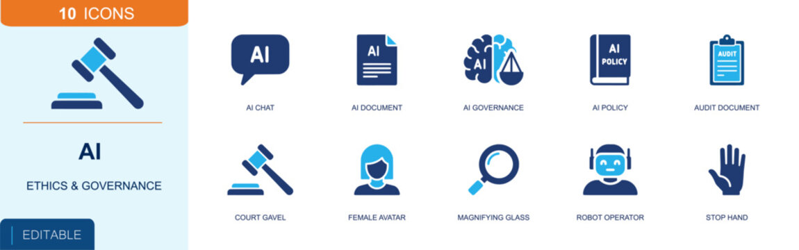 AI ethics and governance icon set containing chat, document, governance, policy, audit, court gavel, avatar, magnifier, robot operator, stop hand and more, solid fill vector icons.