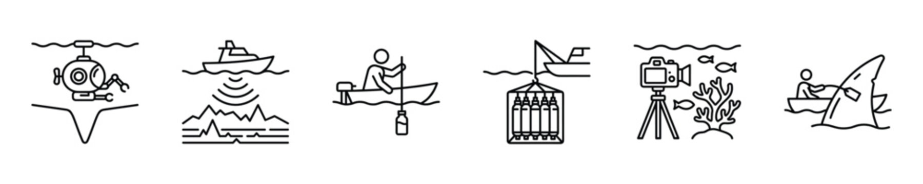 Oceanographic research and marine exploration icons set