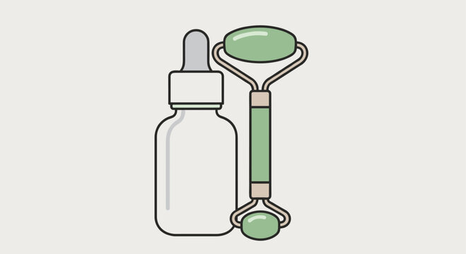 Skincare pairing of a serum dropper bottle and a green jade roller, essential tools for facial massage and enhancing product absorption.