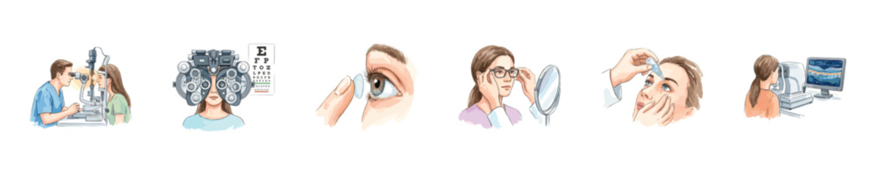 Comprehensive eye care illustrations showing vision testing and treatment procedures
