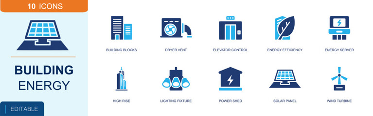 Building energy icon set. Containing high rise, solar panel, wind turbine, power shed, lighting fixture, elevator, dryer vent, energy server, eco leaf and more. Solid fill vector icons. © Master