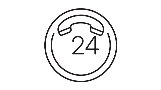 Telephone headset icon with 24 hour support symbol and simple outline style for customer service and hotline branding
