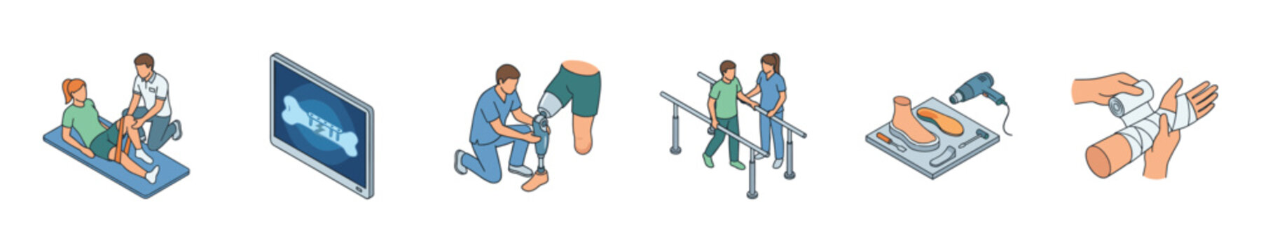 Medical rehabilitation and prosthetics icons showing physical therapy and recovery
