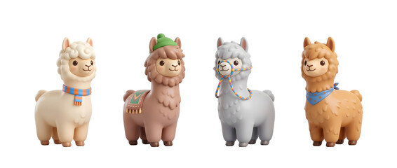 Fototapeta premium A delightful collection of cute 3D minimal llamas, showcasing clean lines and vibrant colors, perfect for playful design projects or animation themes.