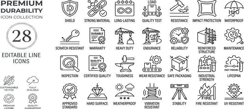 Set of 28 Editable Icons for Premium Durability and Quality Assurance Concepts