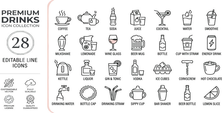 A versatile collection of modern outline vector icons showcasing a diverse range of refreshing drinks and popular beverages, perfect for menus, apps, and digital design projects