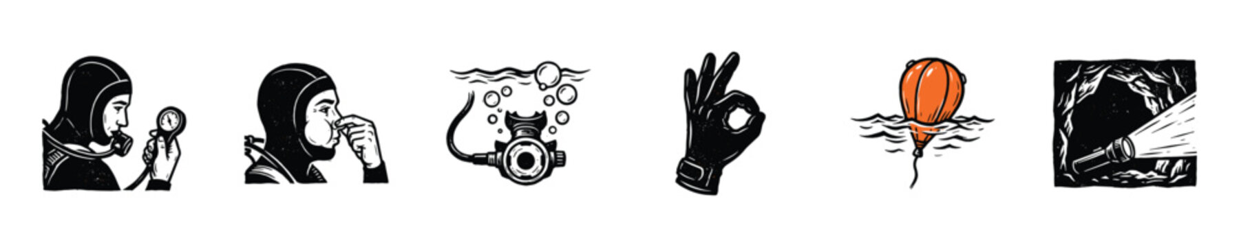 Scuba diving icons illustrating various underwater activities and equipment