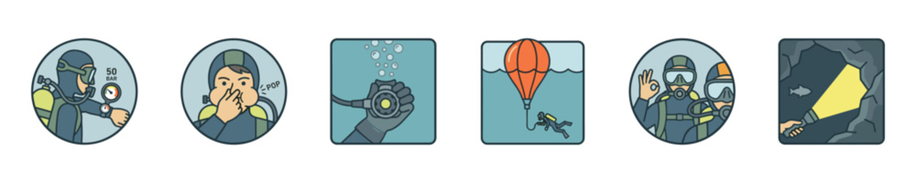 Scuba diving safety and exploration icons showing essential underwater activities
