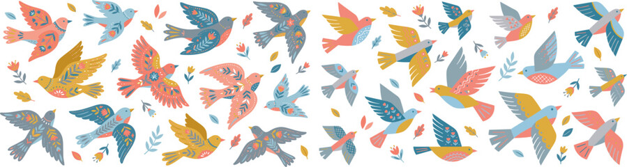 Folk art Scandinavian style flying birds set. Colorful floral decorated dove and swallow vector illustrations on white background. © FreelancerHasin