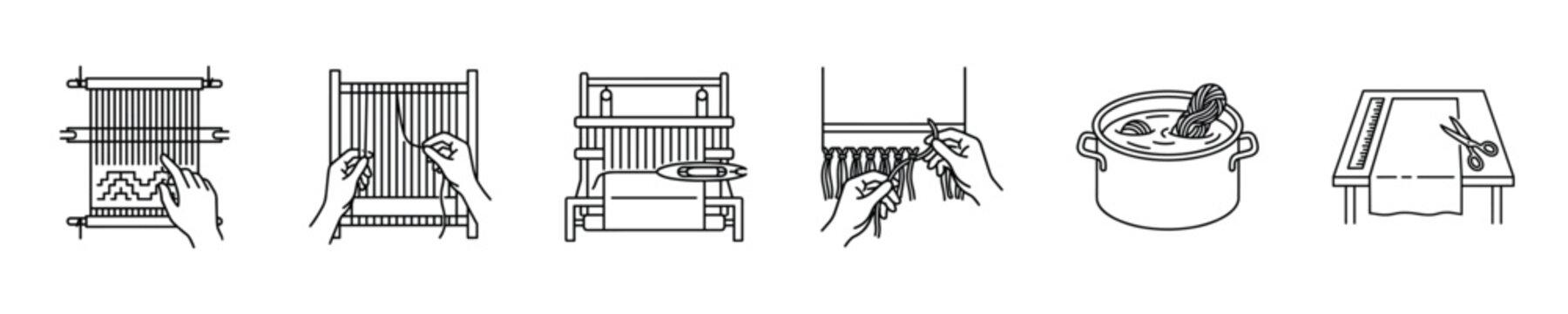 Textile creation process icons showing weaving, dyeing, and cutting fabric
