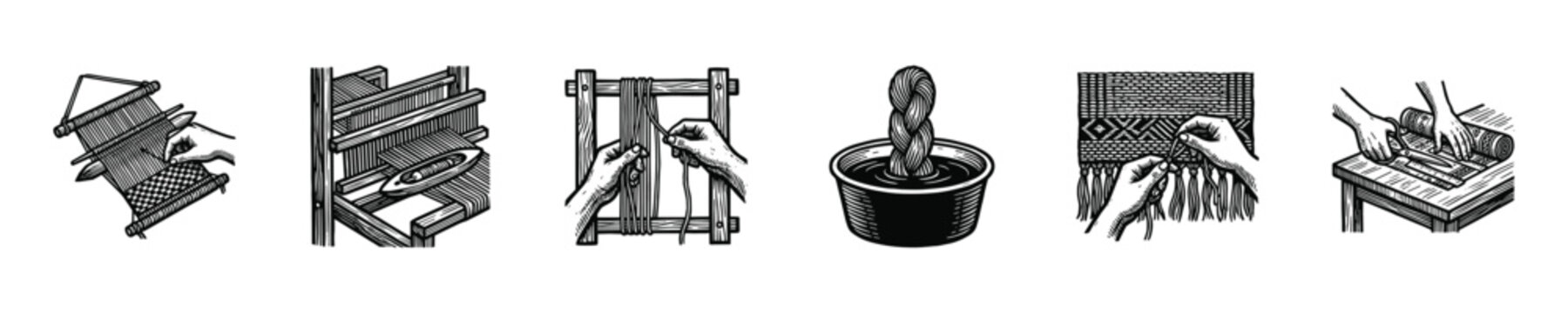 Illustrations depicting the traditional process of weaving and textile creation