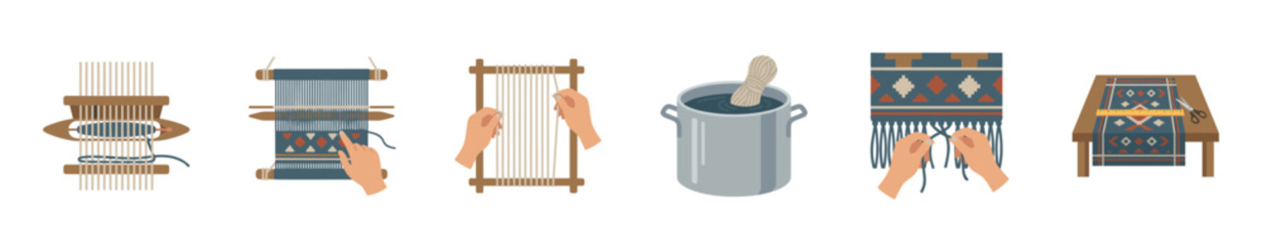 Step-by-step illustration of traditional weaving and textile creation process