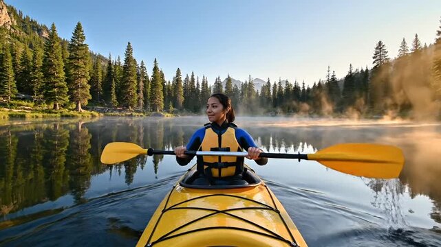 Woman paddling kayak on misty lake in forest at sunrise