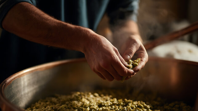 Artisan craft with passion: human hands hold aromatic plant buds over a steaming copper vessel, a close-up that shows tradition and quality