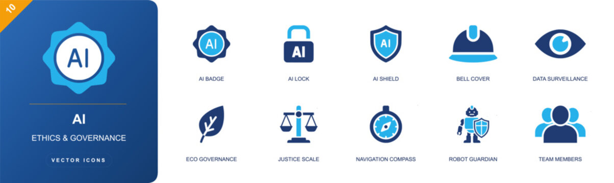 AI ethics icon set. Containing AI badge, AI lock, AI shield, data surveillance, eco governance, justice scale, compass, robot guardian, team members and more. Solid fill vector icons.