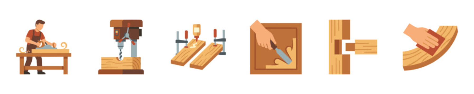 Woodworking process icons showing different stages of carpentry and joinery