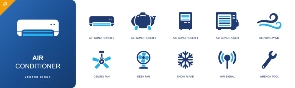 Air conditioner icon set containing wall AC, portable cooler, blowing wind, ceiling fan, desk fan, snowflake, wifi signal, wrench tool, ventilation and more, solid fill vector icons.