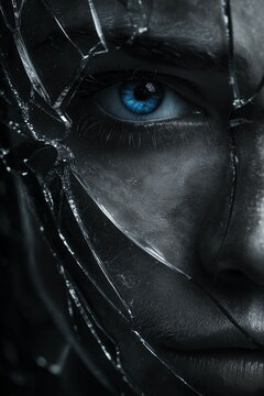 Blue Eye Behind Broken Glass &ndash; Ultra Realistic Dark Cinematic Portrait