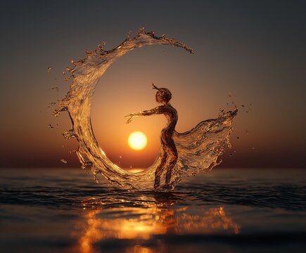Golden Water Woman at Sunset &ndash; Surreal Ocean Splash Fantasy Art