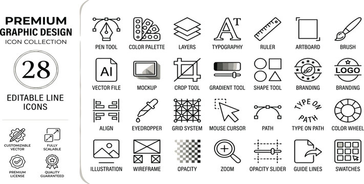 Extensive collection of premium vector outline icons for graphic design software tools and creative process elements, ideal for digital illustration and branding workflows