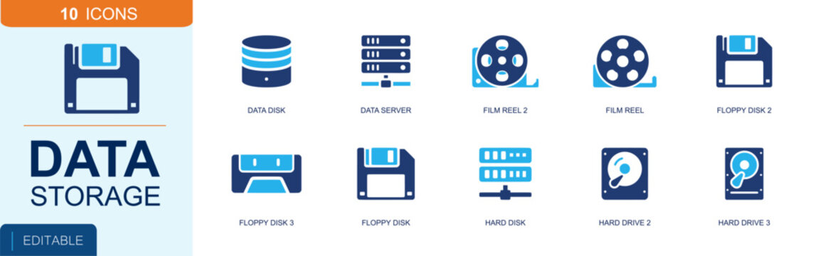 Data storage icon set. Containing data disk, data server, film reel, floppy disk, hard disk, hard drive, storage media, backup device, archive file and more. Solid fill vector icons.