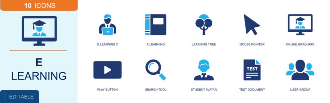 E-learning icon set. Containing tutor, digital book, learning tree, mouse pointer, online graduate, play button, search tool, student avatar, test paper and more. Solid fill vector icons.