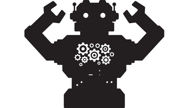 Robot with gear cluster and bidirectional arrows icon for automation, production engineering, and industrial workflow