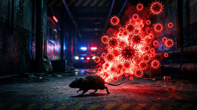 High-impact hantavirus outbreak design with dramatic virus particles and cinematic emergency atmosphere. Perfect for news thumbnails, healthcare alerts, and epidemic warning graphics.