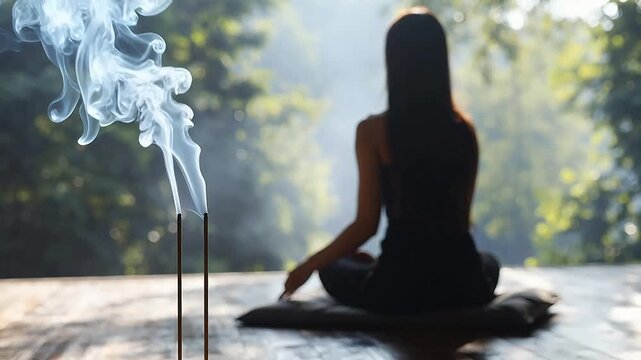Person meditating with incense smoke for immersive visual experiences and creative projects