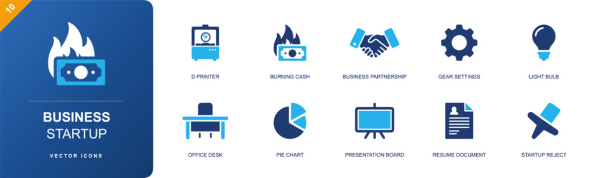 Business startup icon set. Containing burning cash, partnership, settings, light bulb, office desk, pie chart, presentation board, resume, rejection and more. Solid fill vector icons.
