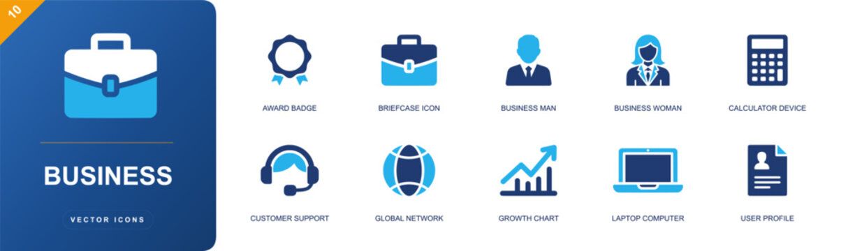 Business icon set. Containing award badge, briefcase, business man, business woman, calculator, customer support, global network, growth chart, laptop and more. Solid fill vector icons.
