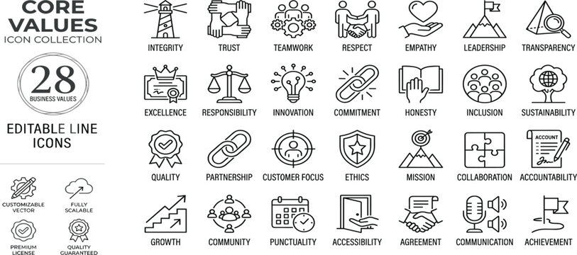 28 Core Values Icon Collection with Business Principles, Ethics, and Leadership