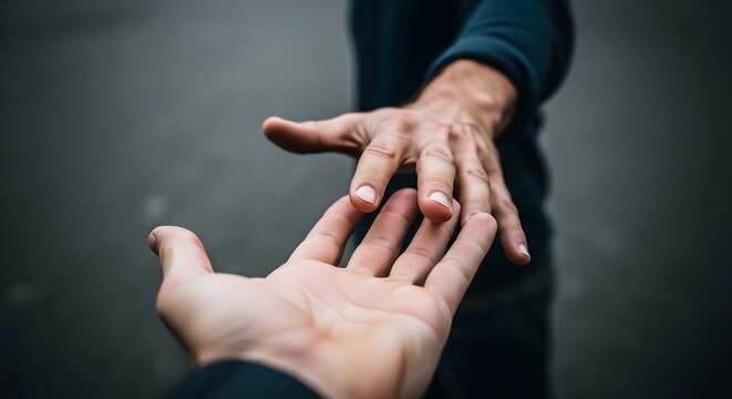 Close-up of two hands reaching out to help each other with helping hand human connection mutual support asking for help providing aid reaching