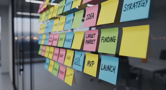 Sticky notes with words like 'strategy' and 'launch' on a glass wall post it strategy meeting business plan project management strategy