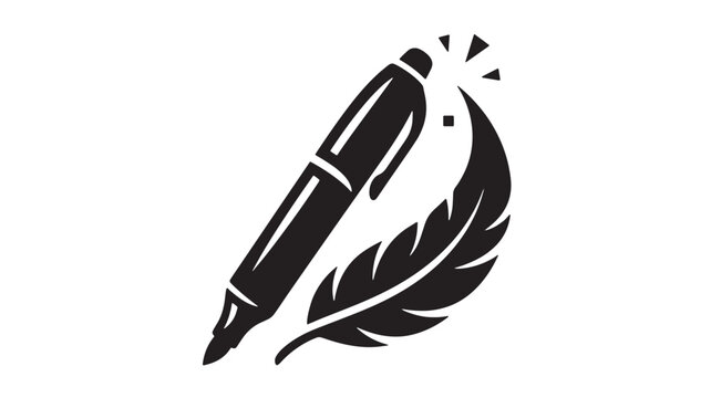 Pen nib and ink feather icon with stylized rocket effect and spark, black and white vector illustration