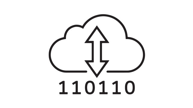 Cloud download and upload icon with pro style data transfer arrows and 110110 binary pattern featuring network, up and down, technology with digital