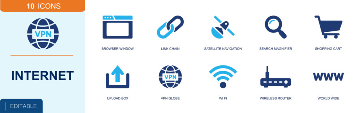 Internet icon set. Containing browser window, link chain, satellite navigation, search magnifier, shopping cart, upload box, VPN globe, WiFi, router and more. Solid fill vector icons.