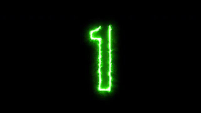 Modern green neon patronus 5 to 1 second digital countdown timer in 4K with alpha channel and transparent background.