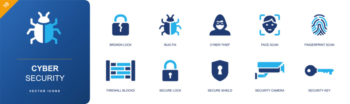 Cyber security icon set. Containing broken lock, bug fix, cyber thief, face scan, fingerprint scan, firewall, secure shield, security camera, security key and more. Solid fill vector icons.