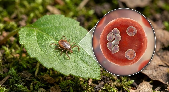 Deer tick ixodes resting on a green leaf with a microscopic inset showing babesia parasites inside red blood cells, representing babesiosis transmission