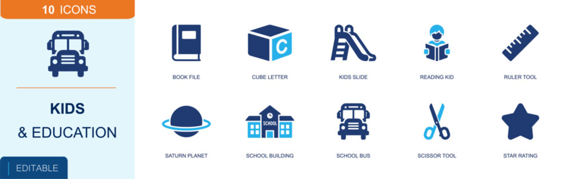 Kids education icon set. Containing book file, alphabet block, playground slide, reading kid, ruler, planet, school building, school bus, scissors and more. Solid fill vector icons.
